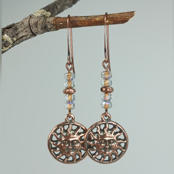 HAND CRAFTED Copper Sun Face Dangle Earrings Artisan Glass Celestial - Picture 4 of 6
